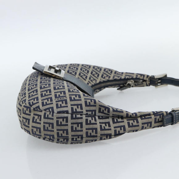FENDI Zucchino Canvas Mamma Baguette Hand Bag Navy Silver Auth 183859V
