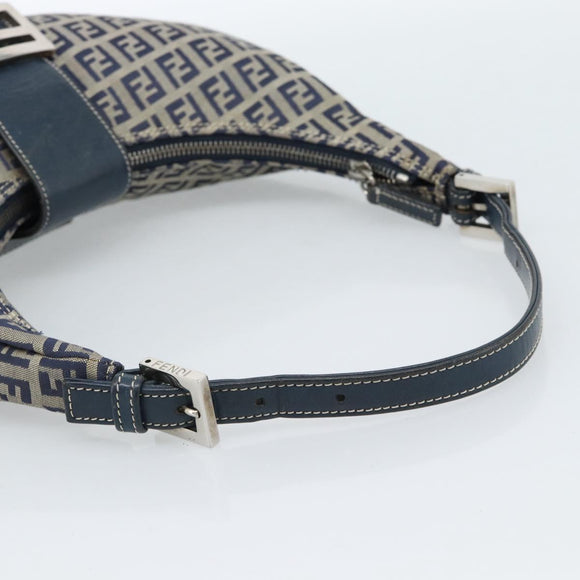FENDI Zucchino Canvas Mamma Baguette Hand Bag Navy Silver Auth 183859V