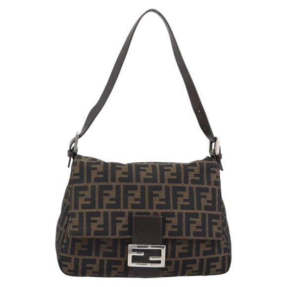 FENDI Zucca Canvas Mamma Baguette Shoulder Bag Black Brown Silver Auth 183864SAM