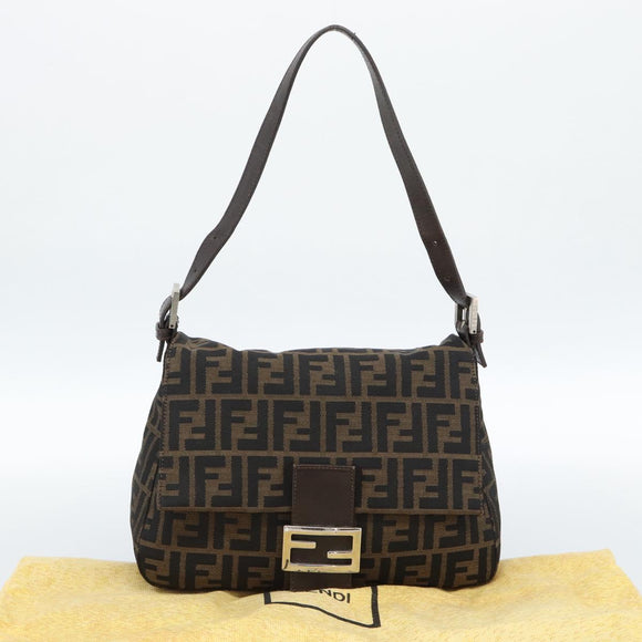 FENDI Zucca Canvas Mamma Baguette Shoulder Bag Black Brown Silver Auth 183864SAM