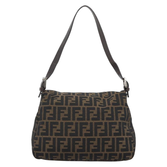 FENDI Zucca Canvas Mamma Baguette Shoulder Bag Black Brown Silver Auth 183864SAM