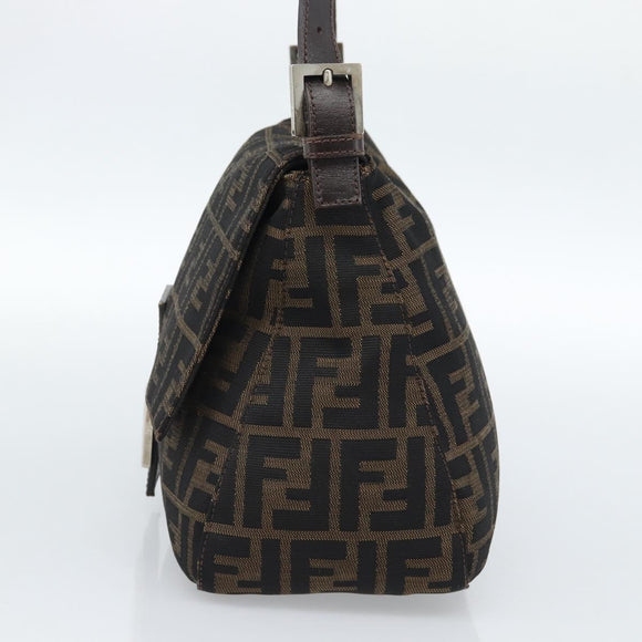 FENDI Zucca Canvas Mamma Baguette Shoulder Bag Black Brown Silver Auth 183864SAM