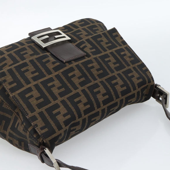 FENDI Zucca Canvas Mamma Baguette Shoulder Bag Black Brown Silver Auth 183864SAM