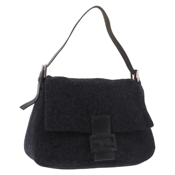 FENDI Mamma Baguette Shoulder Bag Wool Navy Silver Auth 183876