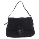 FENDI Mamma Baguette Shoulder Bag Wool Navy Silver Auth 183876-2