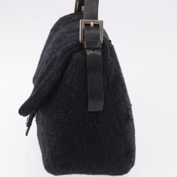 FENDI Mamma Baguette Shoulder Bag Wool Navy Silver Auth 183876