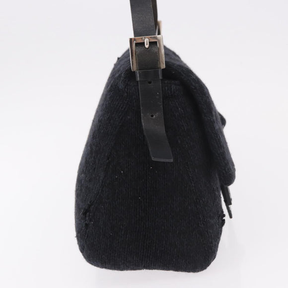 FENDI Mamma Baguette Shoulder Bag Wool Navy Silver Auth 183876