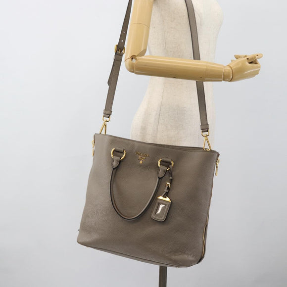 PRADA Tote Bag Leather 2way Gray Gold Auth 183884V