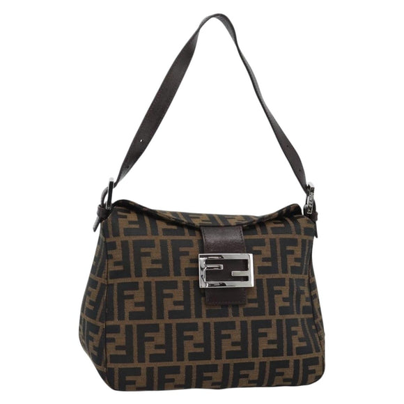 FENDI Zucca Canvas Mamma Baguette Shoulder Bag Black Brown Silver Auth 183887SAM