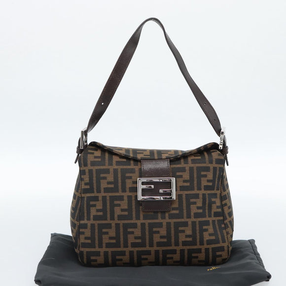FENDI Zucca Canvas Mamma Baguette Shoulder Bag Black Brown Silver Auth 183887SAM
