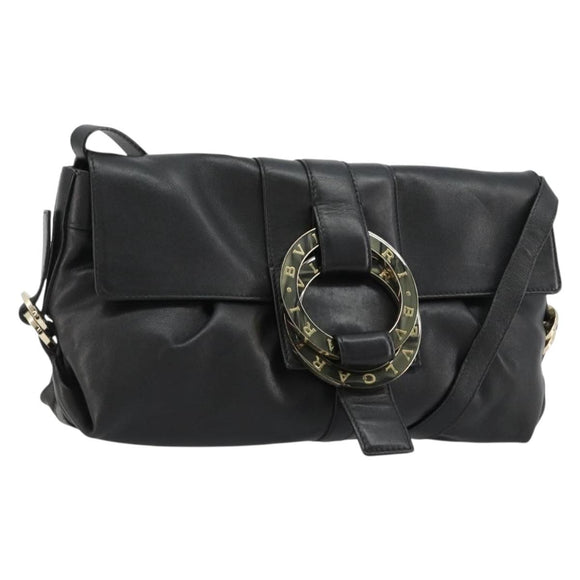 BVLGARI Chandra Shoulder Bag Leather Black Gold Auth 183888A