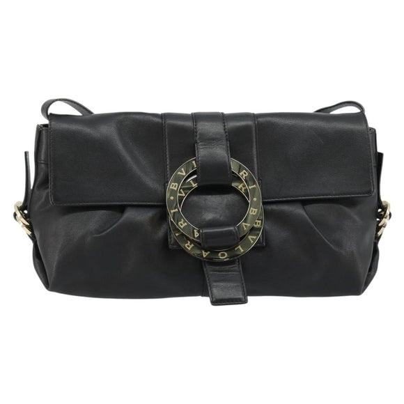 BVLGARI Chandra Shoulder Bag Leather Black Gold Auth 183888A