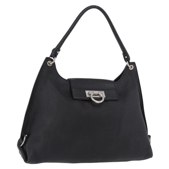 Salvatore Ferragamo Gancini Shoulder Bag Leather Black Silver Auth 183892A