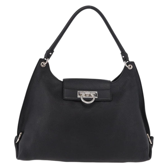 Salvatore Ferragamo Gancini Shoulder Bag Leather Black Silver Auth 183892A