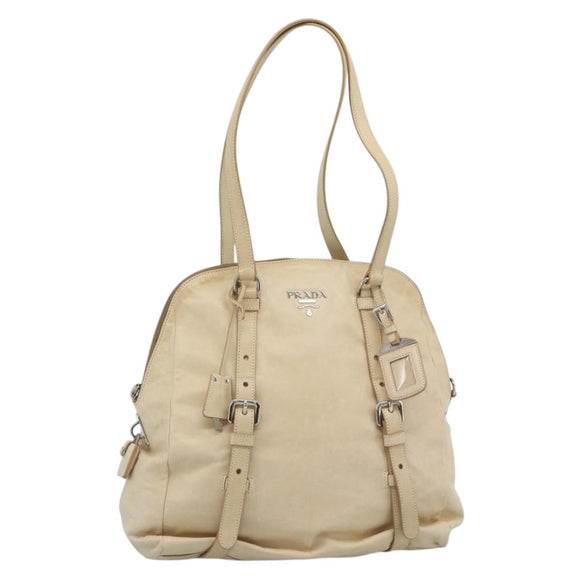 PRADA Tote Bag Leather Beige Silver Auth 183893V