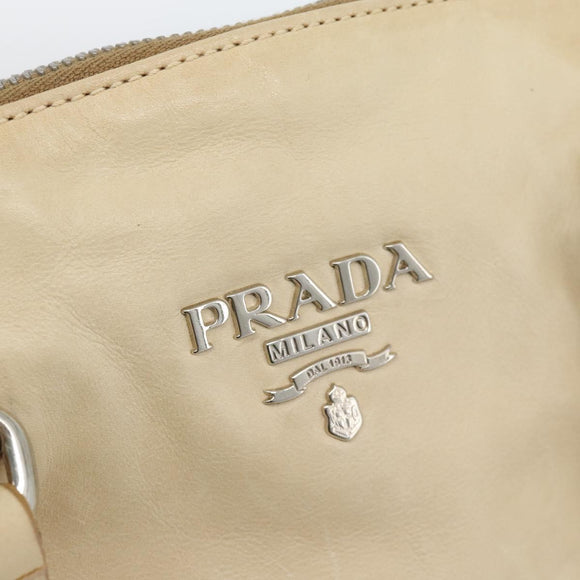 PRADA Tote Bag Leather Beige Silver Auth 183893V