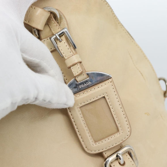 PRADA Tote Bag Leather Beige Silver Auth 183893V