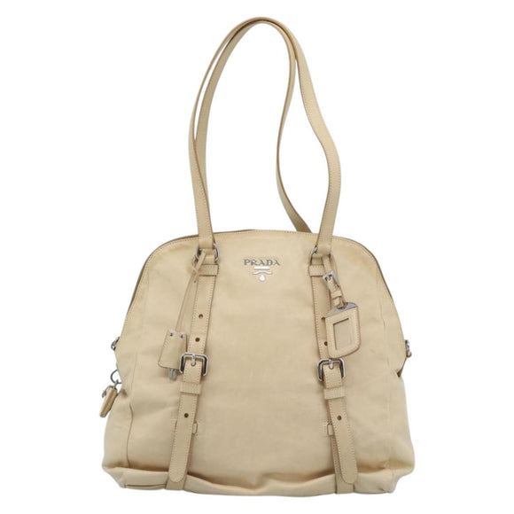 PRADA Tote Bag Leather Beige Silver Auth 183893V