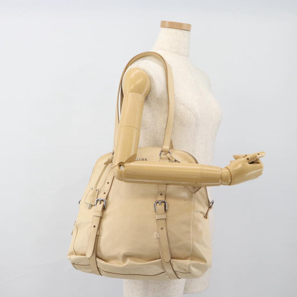 PRADA Tote Bag Leather Beige Silver Auth 183893V