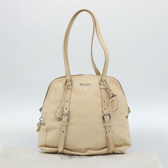 PRADA Tote Bag Leather Beige Silver Auth 183893V