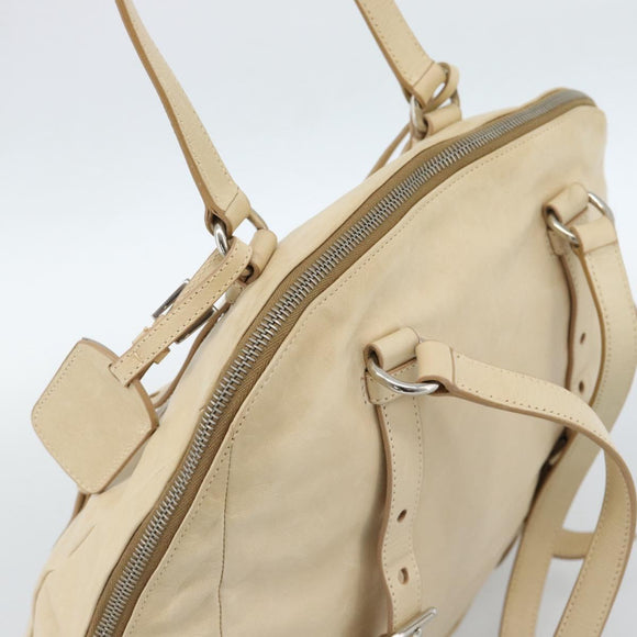 PRADA Tote Bag Leather Beige Silver Auth 183893V