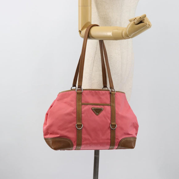 PRADA Tote Bag Leather Nylon Pink Silver Auth 183896V