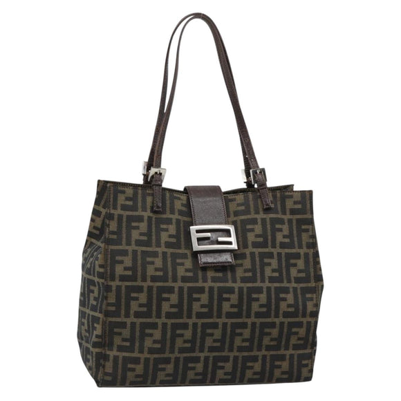 FENDI Zucca Canvas Mamma Baguette Tote Bag Black Brown Auth 183898