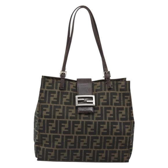 FENDI Zucca Canvas Mamma Baguette Tote Bag Black Brown Auth 183898