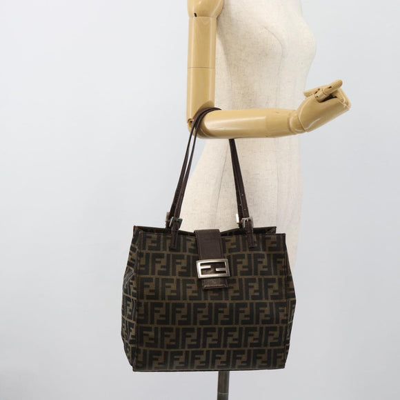 FENDI Zucca Canvas Mamma Baguette Tote Bag Black Brown Auth 183898