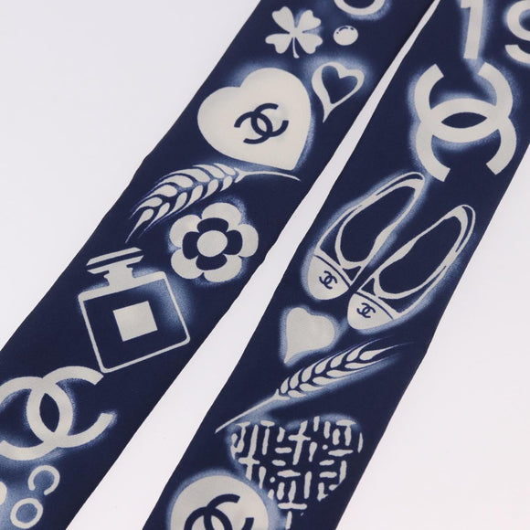 CHANEL Ribbon Scarf Silk Navy CC Auth 183940M
