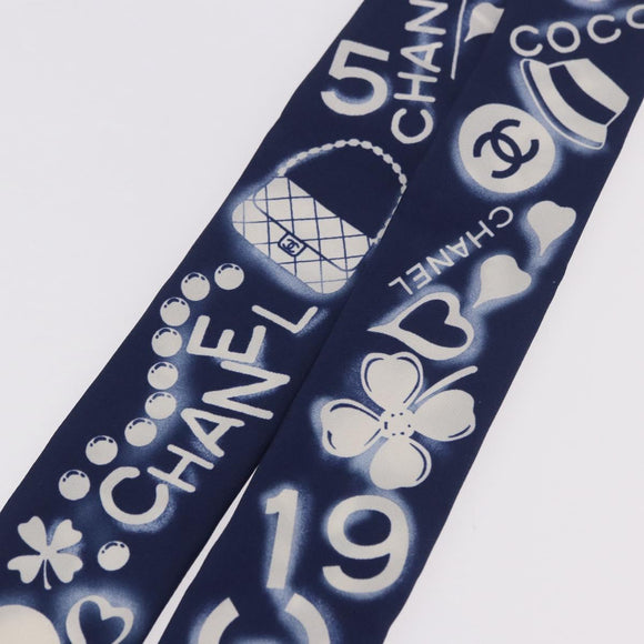 CHANEL Ribbon Scarf Silk Navy CC Auth 183940M