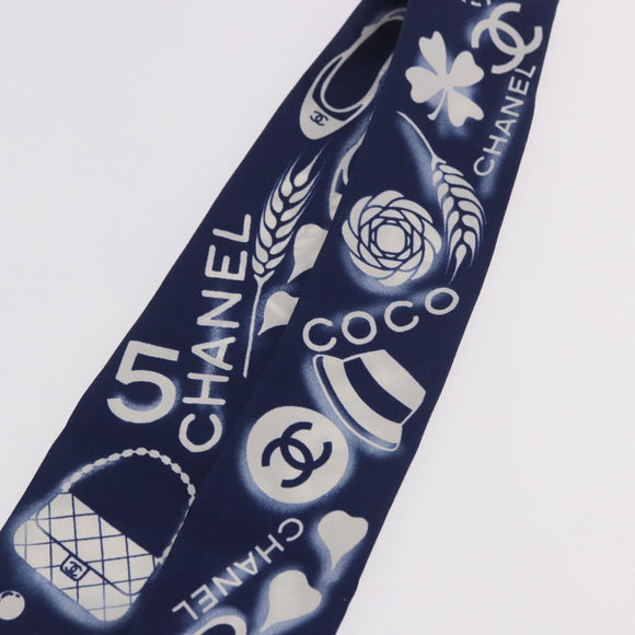 CHANEL Ribbon Scarf Silk Navy CC Auth 183940M