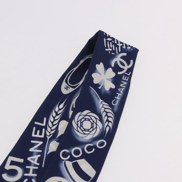 CHANEL Ribbon Scarf Silk Navy CC Auth 183940M