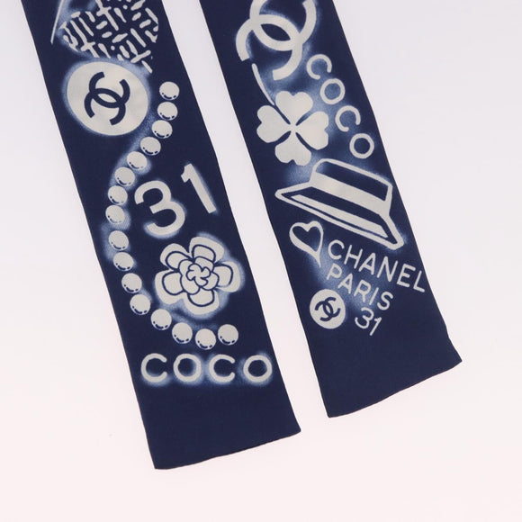 CHANEL Ribbon Scarf Silk Navy CC Auth 183940M
