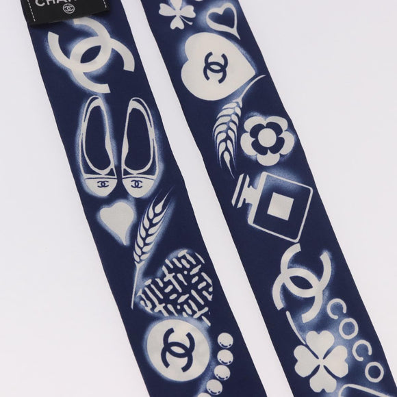 CHANEL Ribbon Scarf Silk Navy CC Auth 183940M