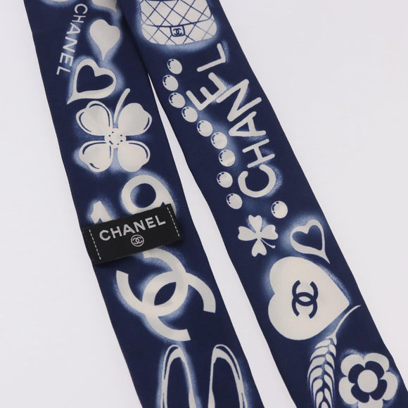 CHANEL Ribbon Scarf Silk Navy CC Auth 183940M