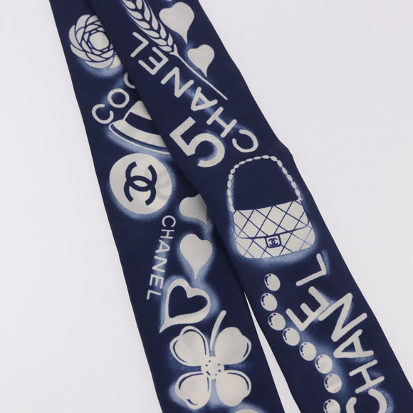 CHANEL Ribbon Scarf Silk Navy CC Auth 183940M