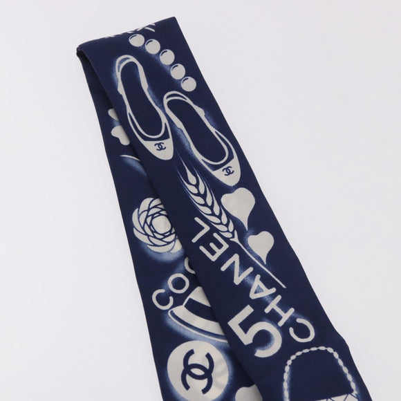 CHANEL Ribbon Scarf Silk Navy CC Auth 183940M