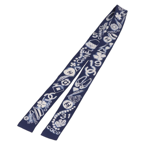 CHANEL Ribbon Scarf Silk Navy CC Auth 183940M