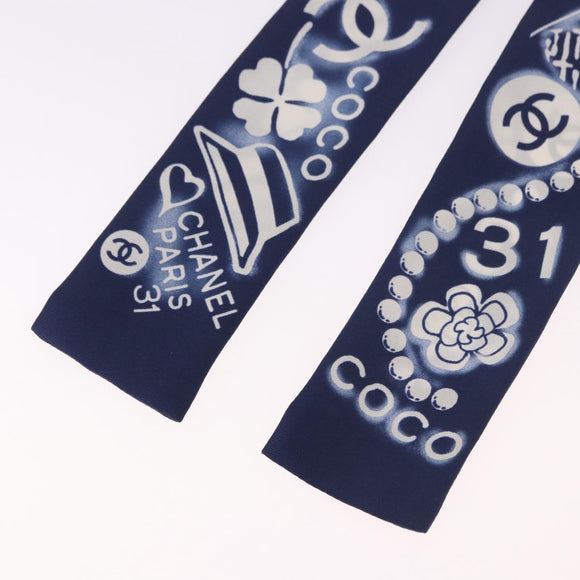 CHANEL Ribbon Scarf Silk Navy CC Auth 183940M