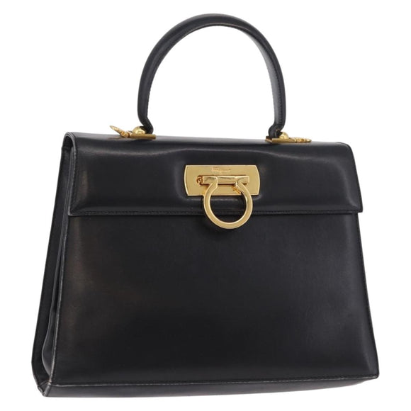 Salvatore Ferragamo Gancini Hand Bag Leather Black Gold Auth 183947