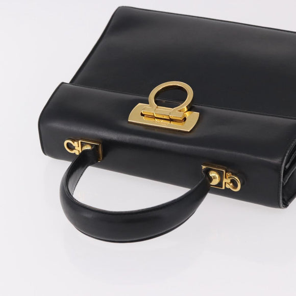 Salvatore Ferragamo Gancini Hand Bag Leather Black Gold Auth 183947