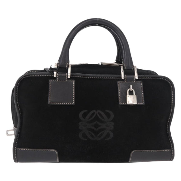 LOEWE Anagram Americana 28 Hand Bag Suede Leather Black Silver Auth 183959V