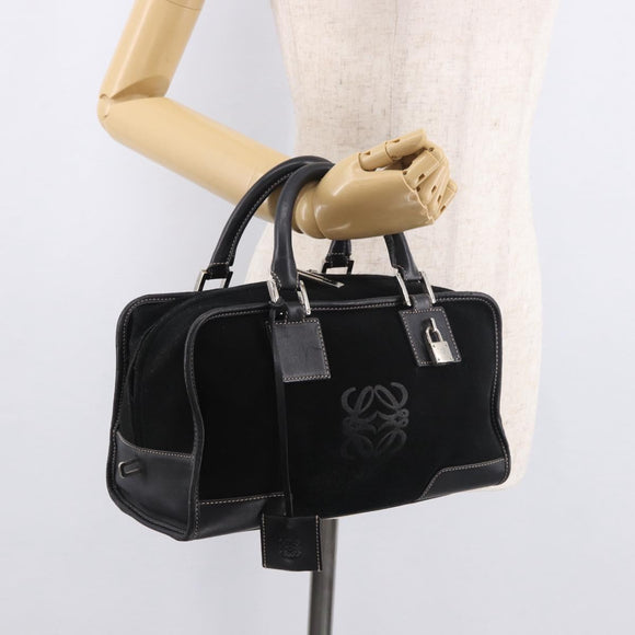 LOEWE Anagram Americana 28 Hand Bag Suede Leather Black Silver Auth 183959V