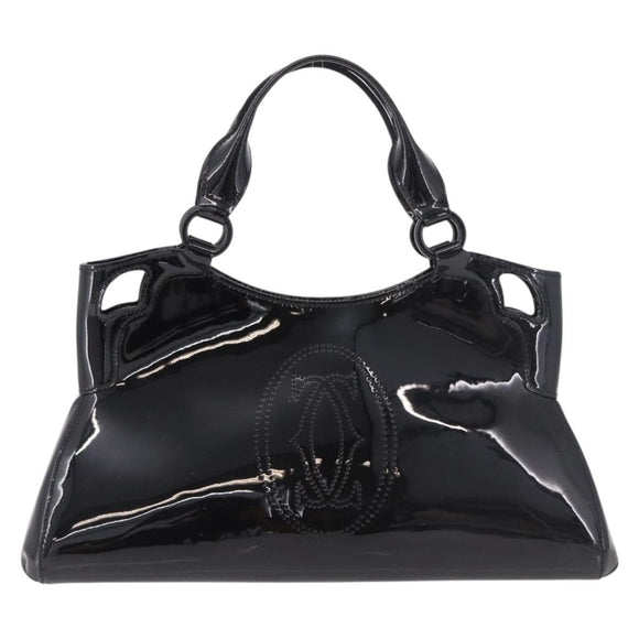 CARTIER Marcello Hand Bag Patent Leather Black Silver Auth 183983A
