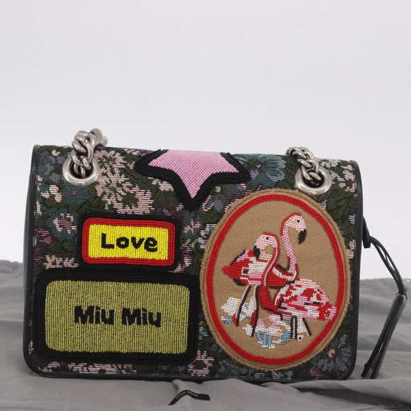 Miu Miu Chain Shoulder Bag Canvas Green Silver Auth 183990M