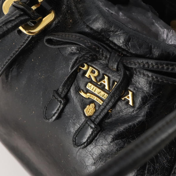 PRADA Hand Bag Leather 2way Black Gold Auth 183993