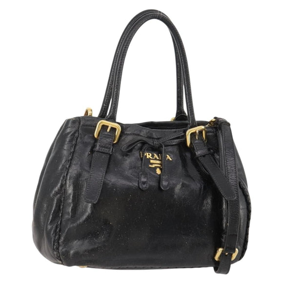 PRADA Hand Bag Leather 2way Black Gold Auth 183993