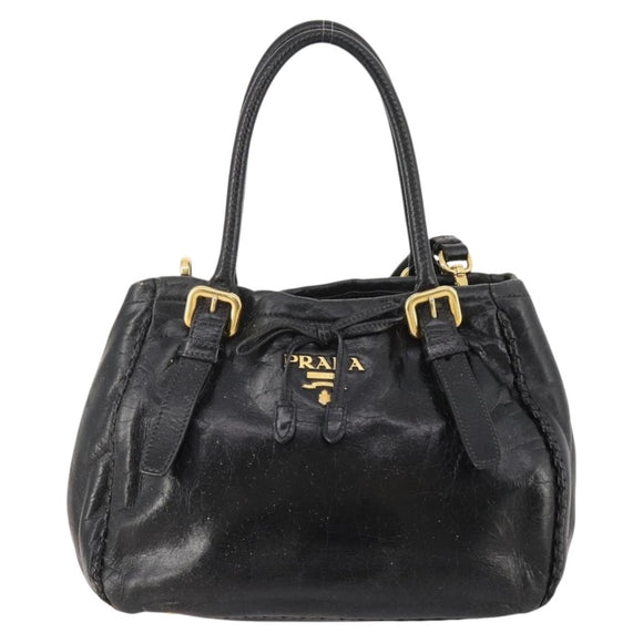PRADA Hand Bag Leather 2way Black Gold Auth 183993