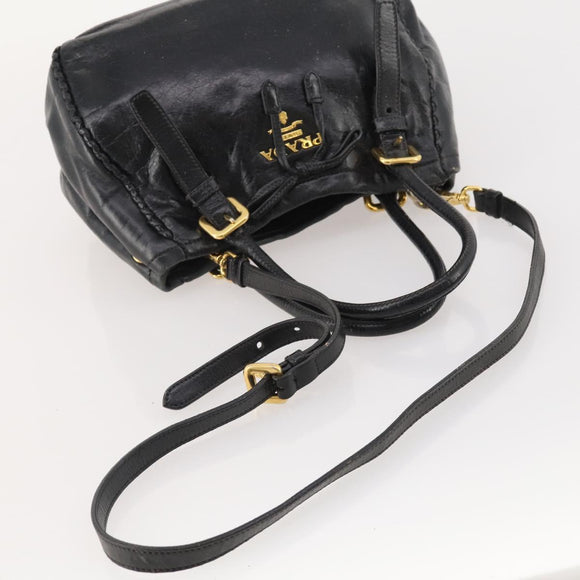 PRADA Hand Bag Leather 2way Black Gold Auth 183993
